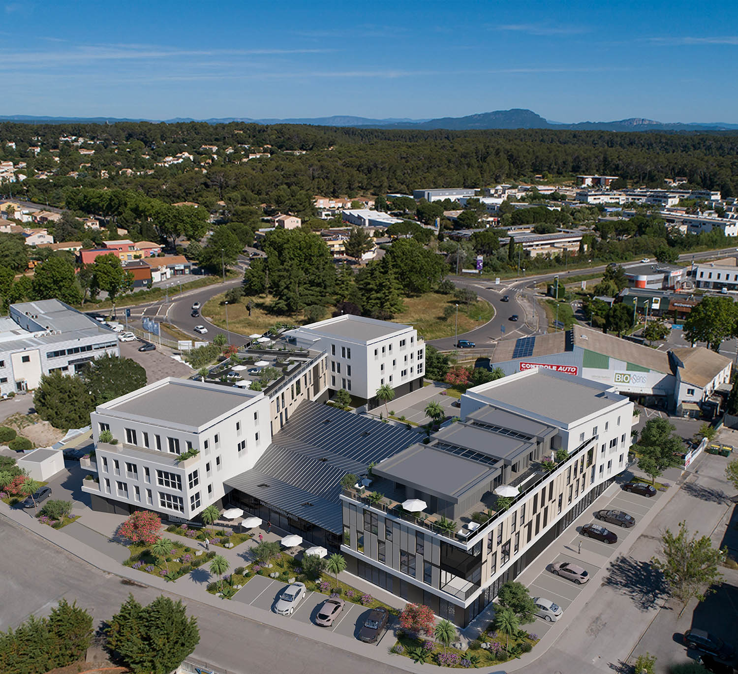 Perspective 3d en intégration photo drone du projet Le 610 à Jacou par JBM Architecte et Groupe Sarro.