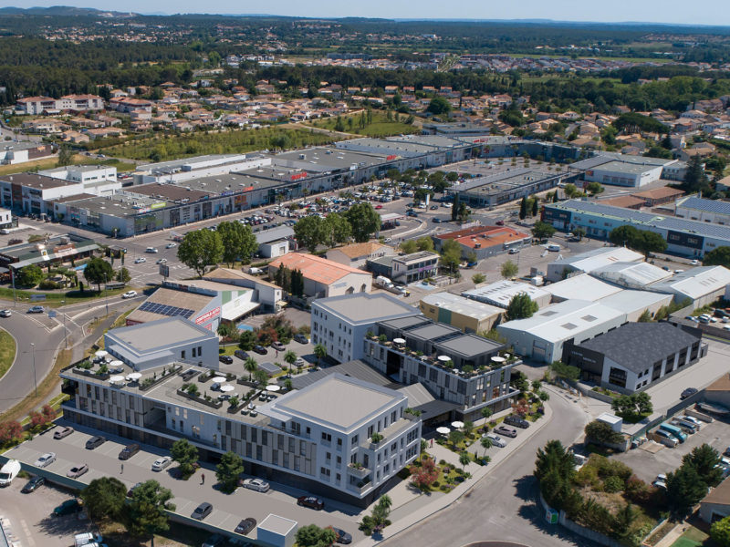 Perspective 3d en intégration photo drone du projet Le 610 à Jacou par JBM Architecte et Groupe Sarro.