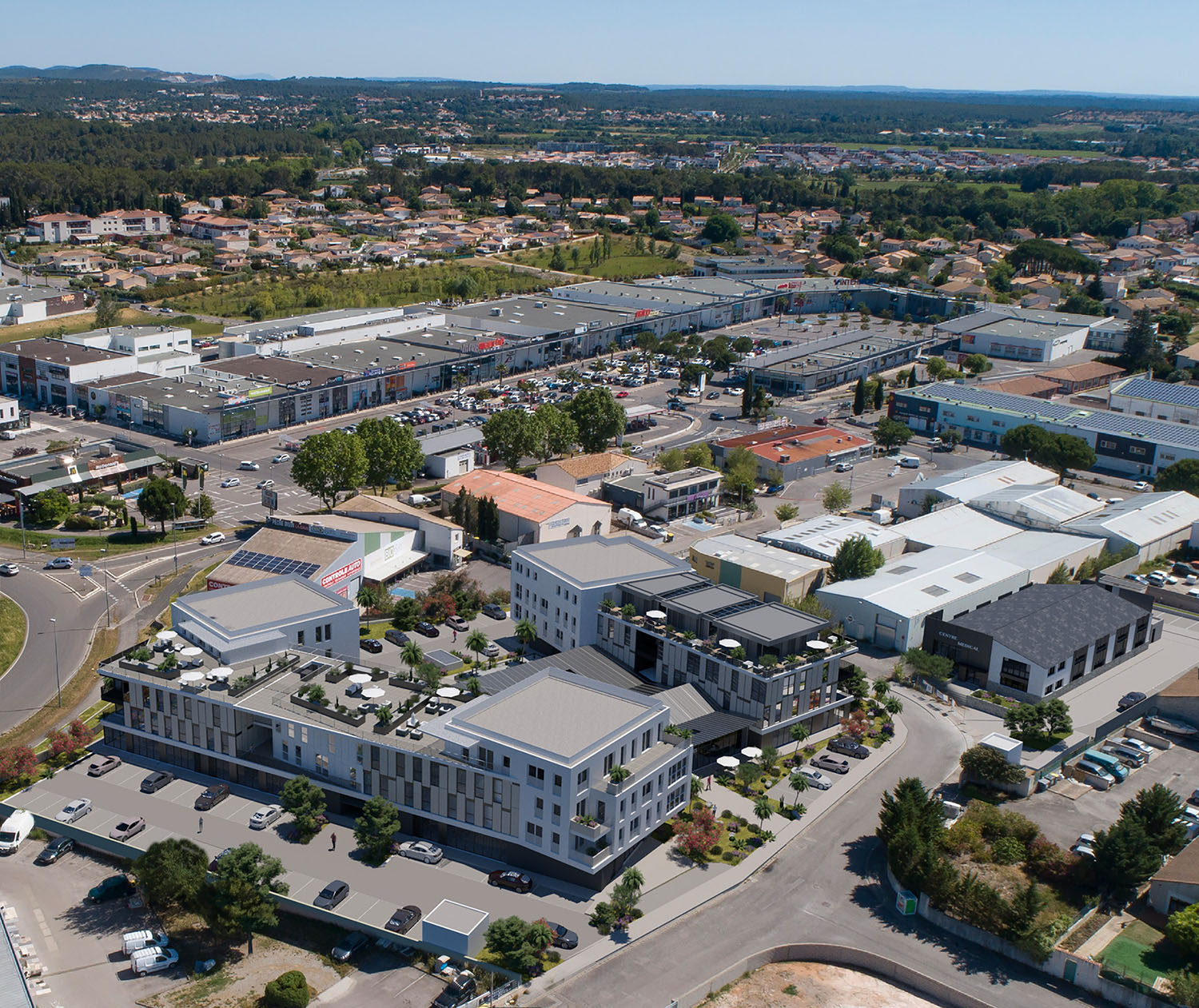 Perspective 3d en intégration photo drone du projet Le 610 à Jacou par JBM Architecte et Groupe Sarro.