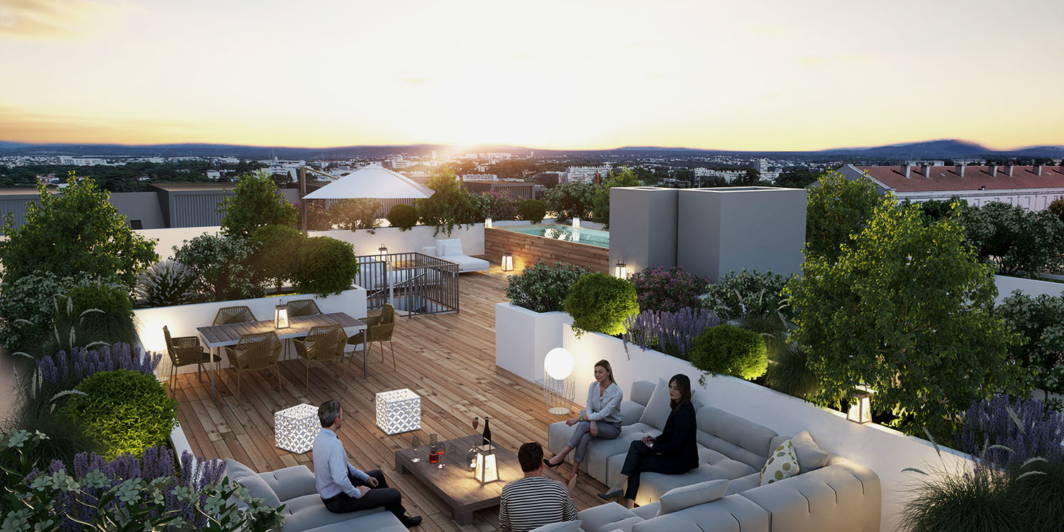 Perspective terrasse rooftop Faubourg 56 par Nexity Montpellier