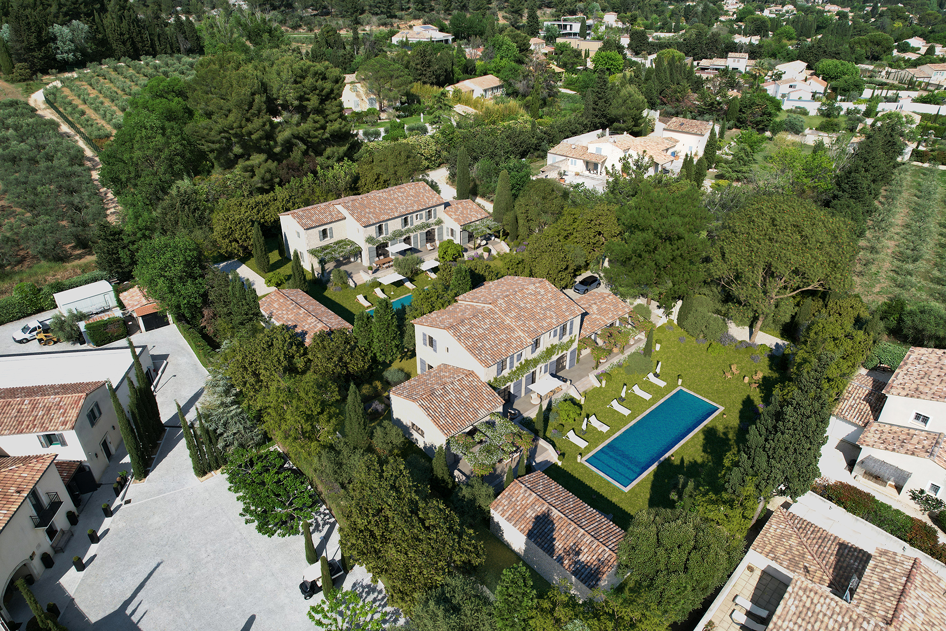 Insertion photo 3d d'une photo aérienne par drone dans les Alpilles. Kutch Studio perspectiviste architecture et immobilier.